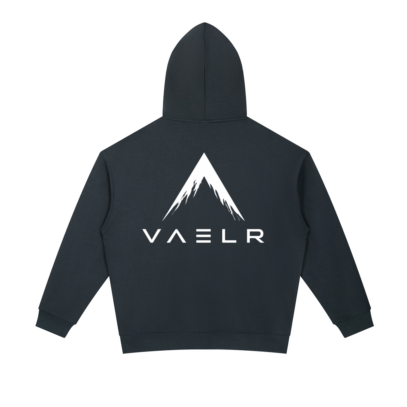 Navy blue heavyweight hoodie with back logo graphic and hood