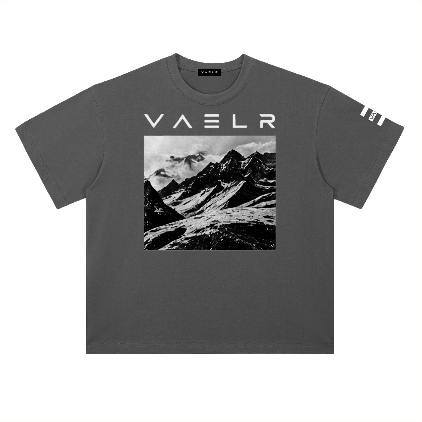Heavyweight cotton drop-shoulder T-shirt in dark gray, front mountain graphic with VAELR logo.