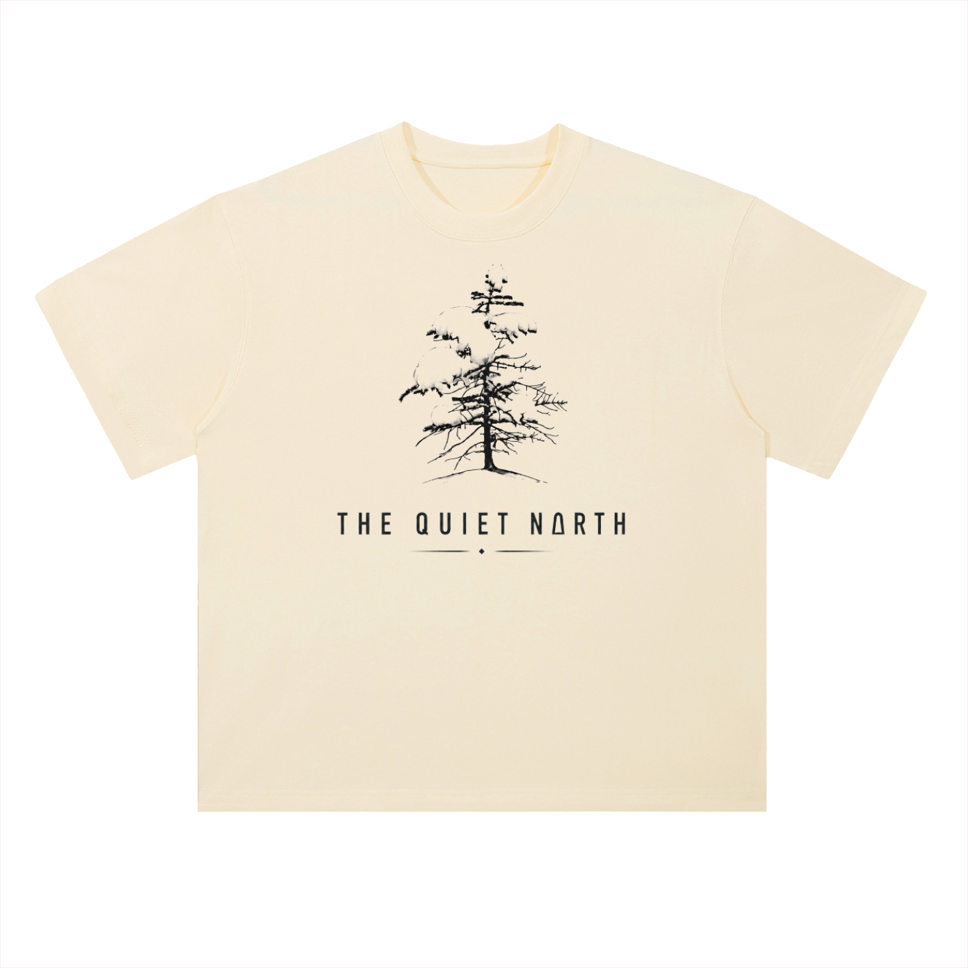 Heavyweight cotton T-shirt, Milk apricot front with tree graphic and logo text
