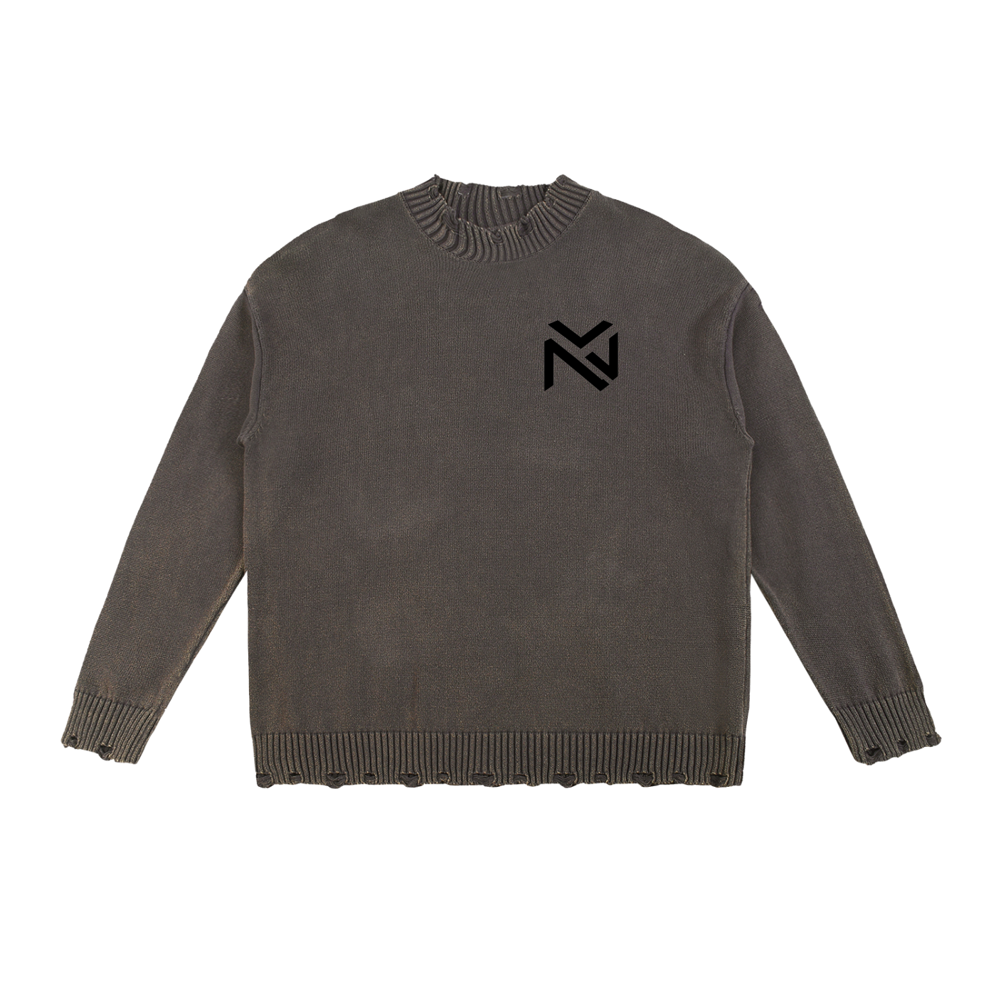 Oceanore vintage washed gray sweater, crewneck ribbing, frayed hem, long sleeves, front logo