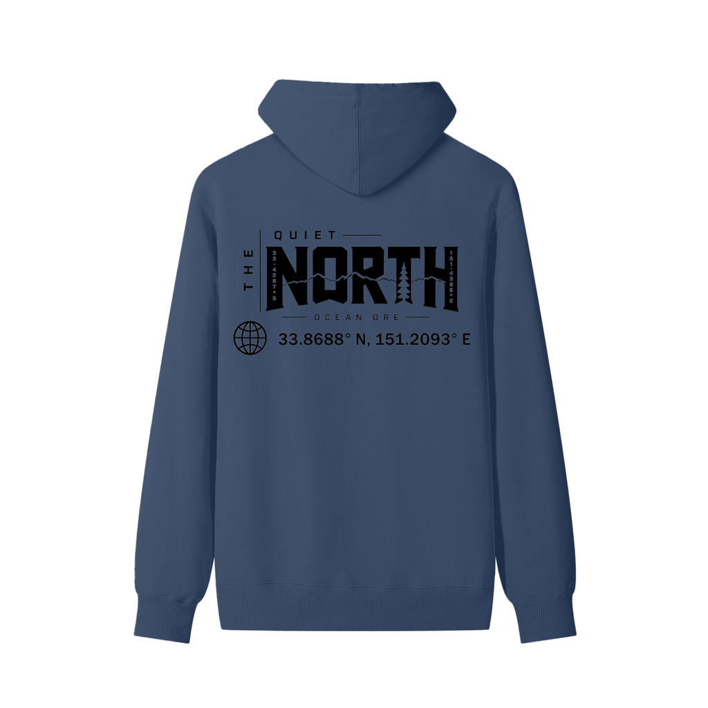 Navy unisex cotton hoodie with back graphic logo and printed address text.