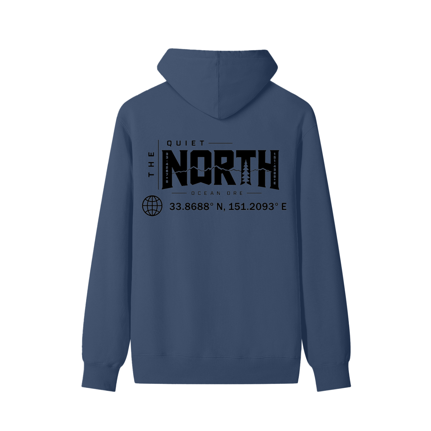 Navy unisex cotton hoodie with back graphic logo and printed address text.