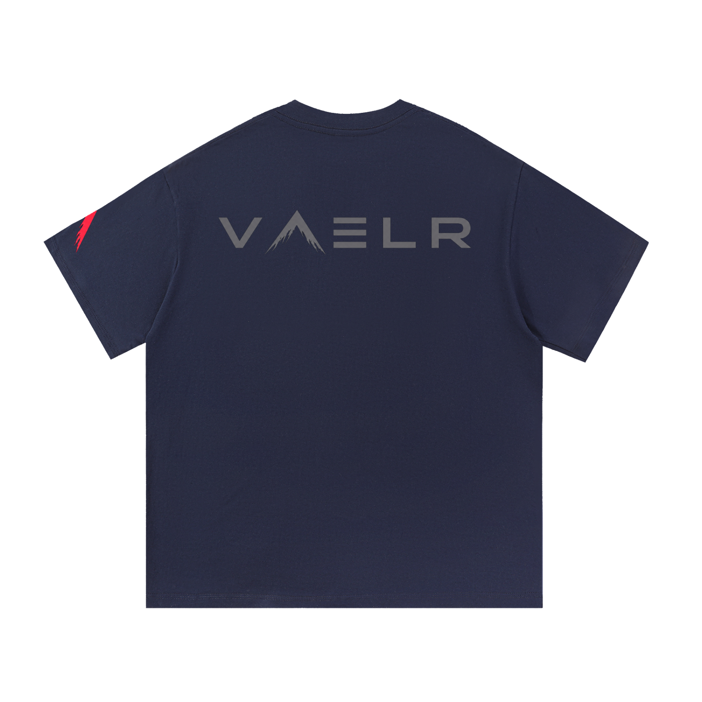 Navy blue cotton T-shirt with large VAELR logo on back
