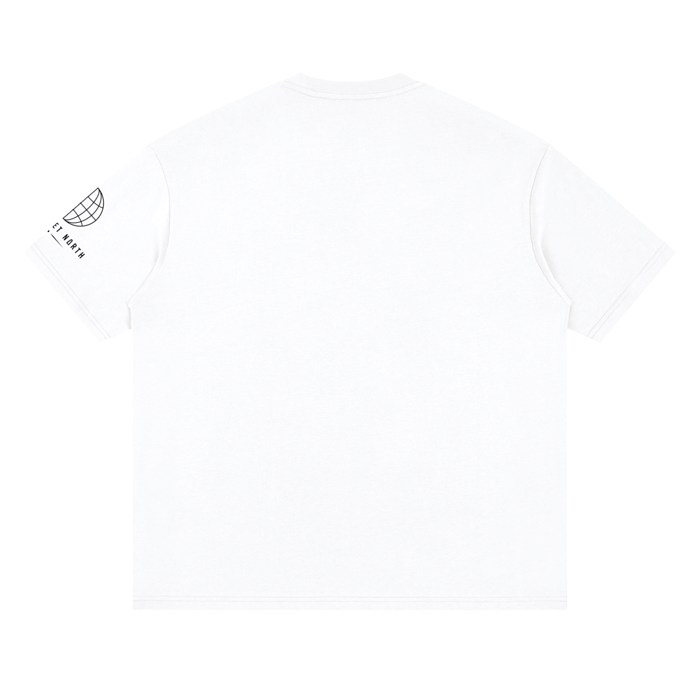 White loose drop-shoulder T-shirt, back view with small sleeve logo