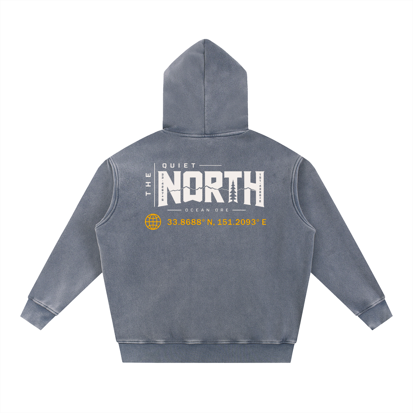 Light blue-gray oversize fleece hoodie, back view, hood, large logo graphic print