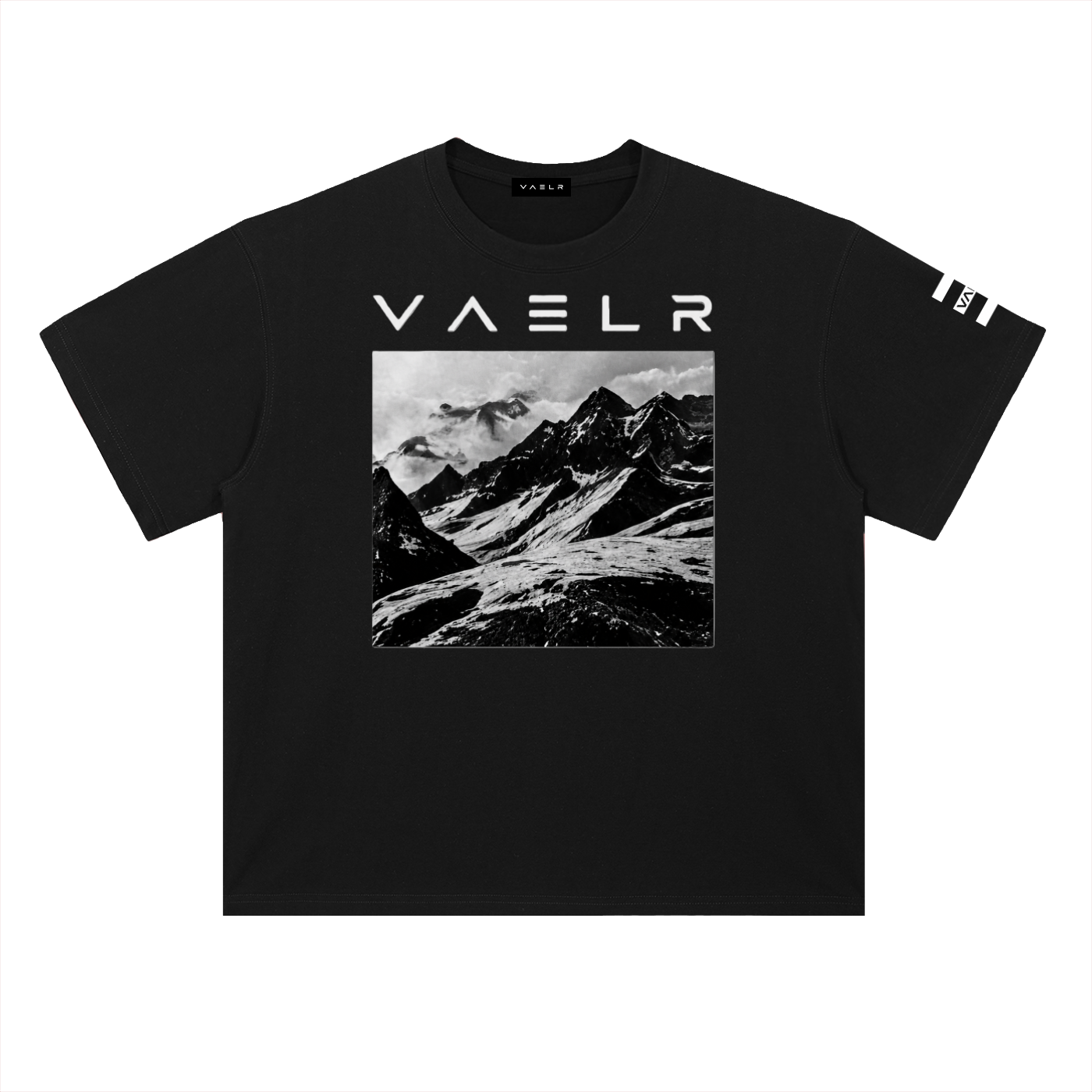 Heavyweight cotton drop-shoulder T-shirt in black, front mountain graphic with VAELR logo.