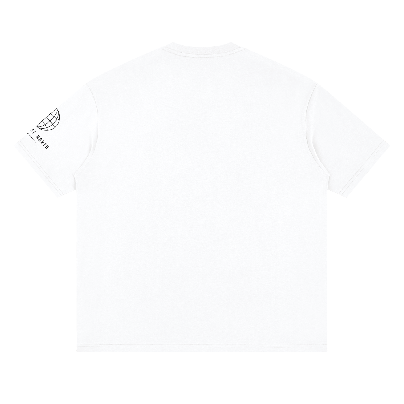Lucent white loose drop-shoulder T-shirt back view, small logo on left sleeve
