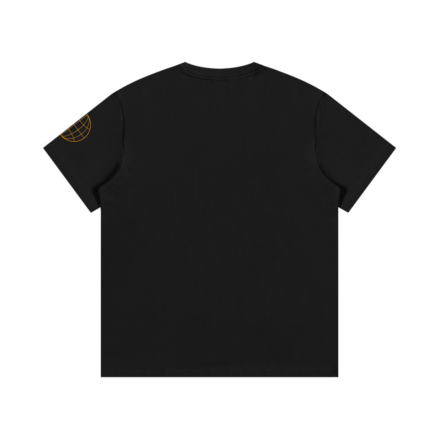 Black cotton crew-neck tee, plain back view with small sleeve graphic