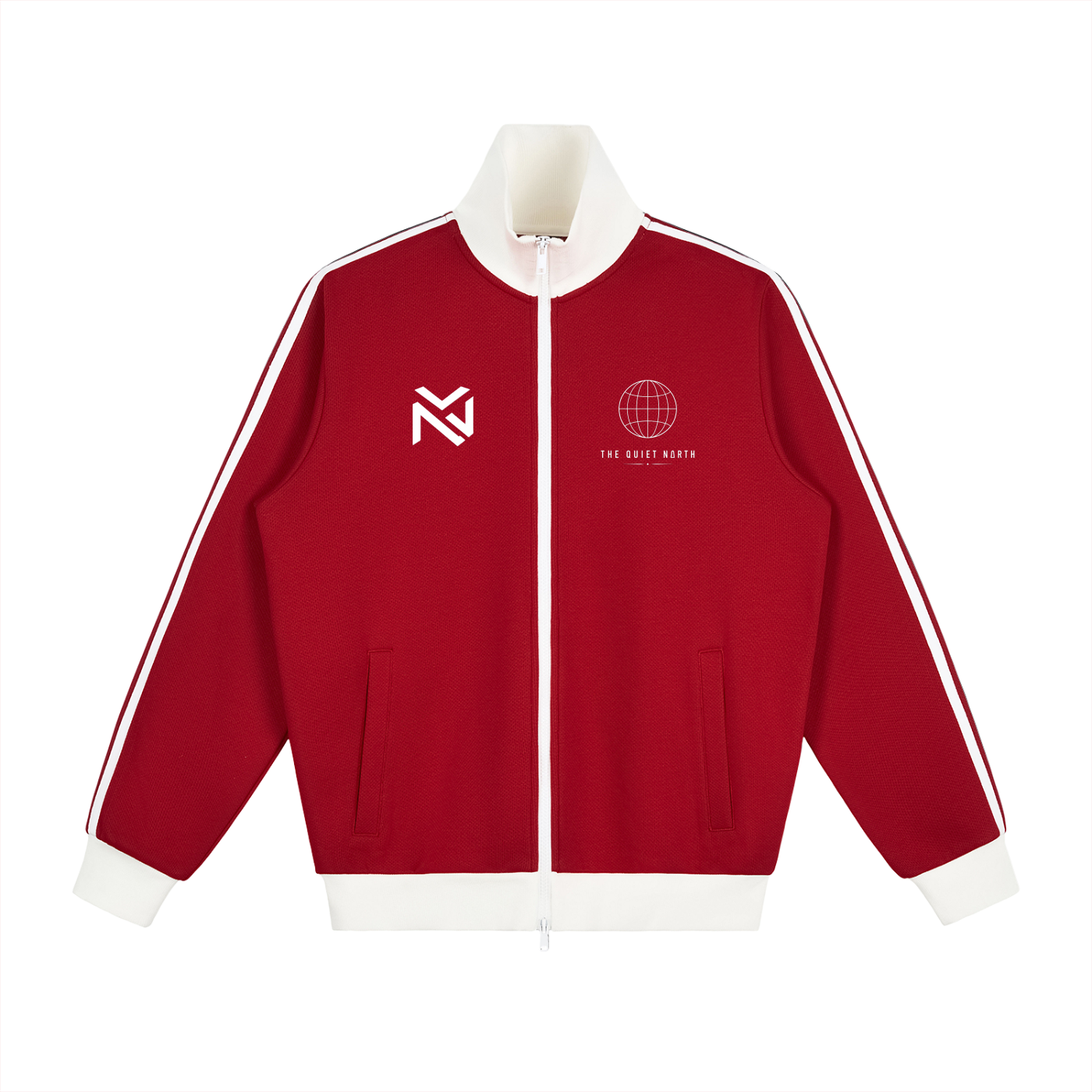 Red fleece track jacket with contrast side stripe, full-zip front, flap pockets.