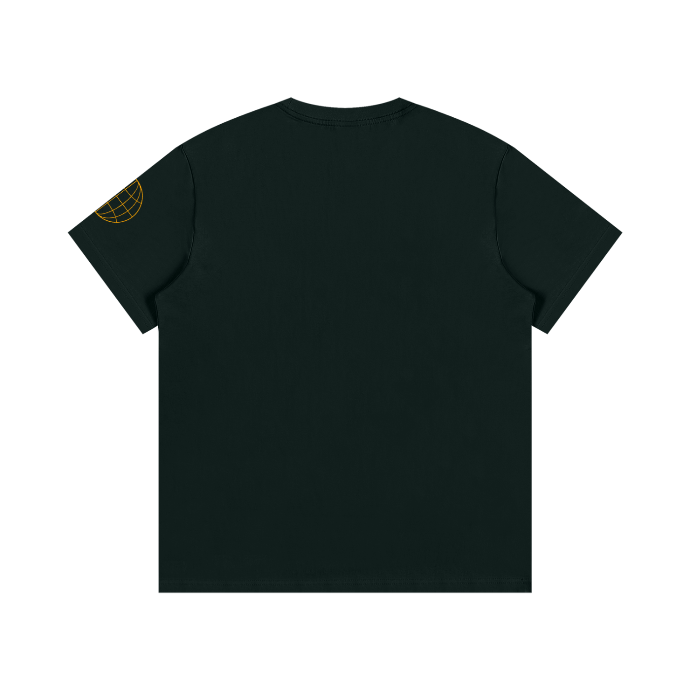 Dark green cotton crew-neck tee, plain back view with small sleeve graphic
