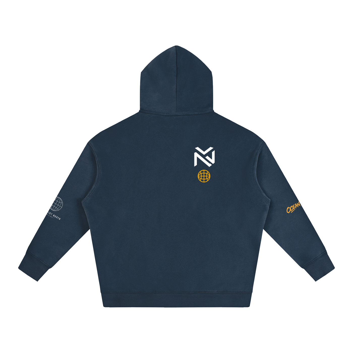 Oversized fleece hoodie in navy blue with back hood and emblem logo, plus sleeve graphic patches