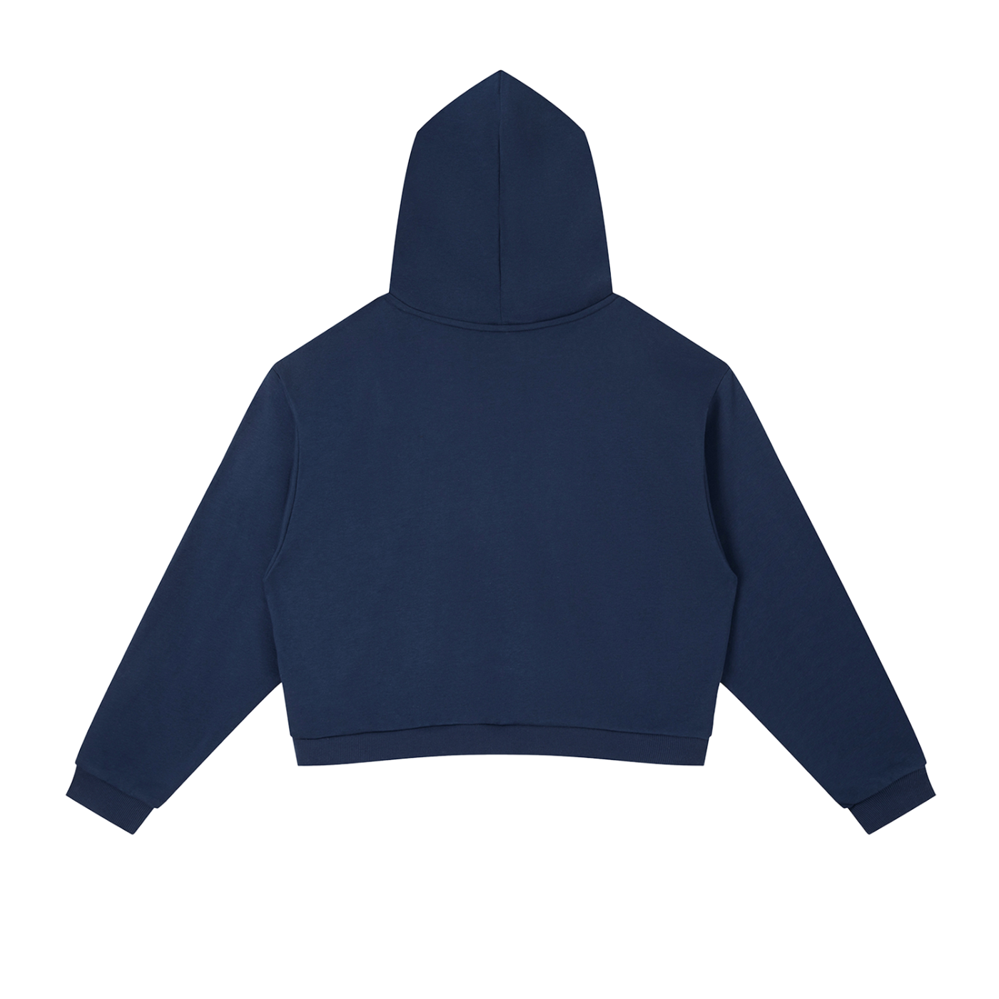 Navy cropped pullover hoodie back view with hood and kangaroo pocket