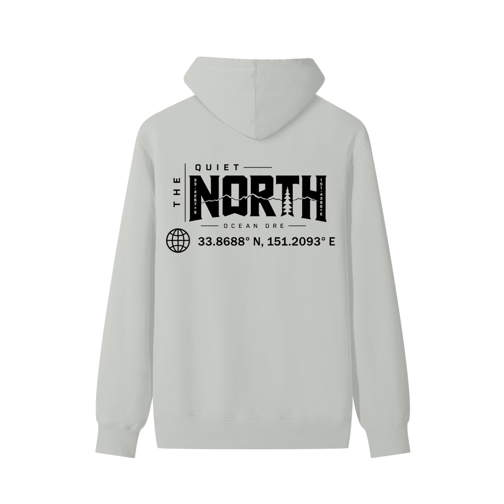 White unisex cotton hoodie with back graphic logo and printed address text.