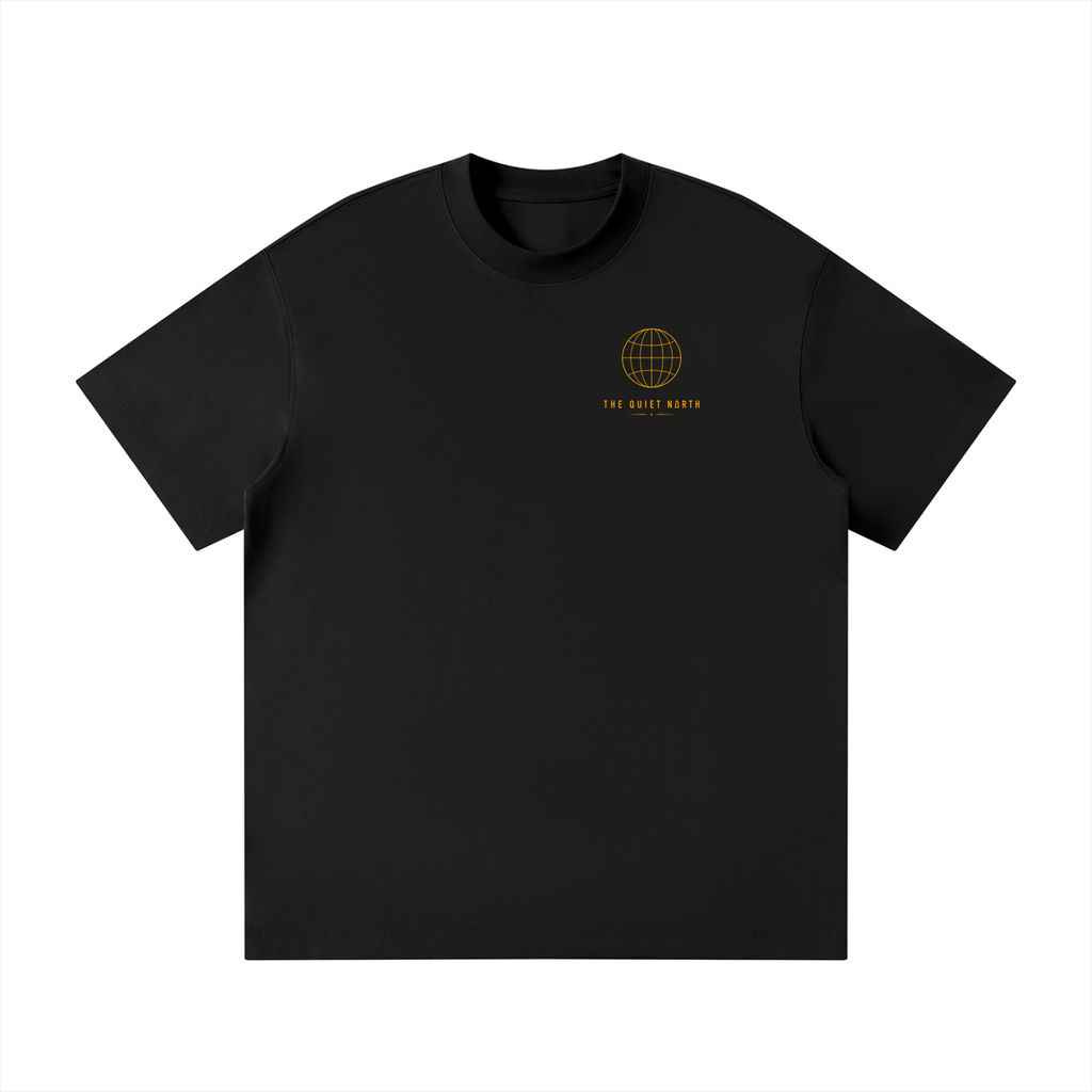 Black unisex loose-fit crewneck T-shirt with small globe logo on front
