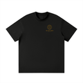 Black unisex loose-fit crewneck T-shirt with small globe logo on front