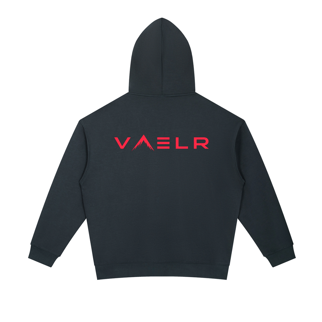 Navy heavyweight hoodie with back VAELR logo, kangaroo pocket, drawstring hood