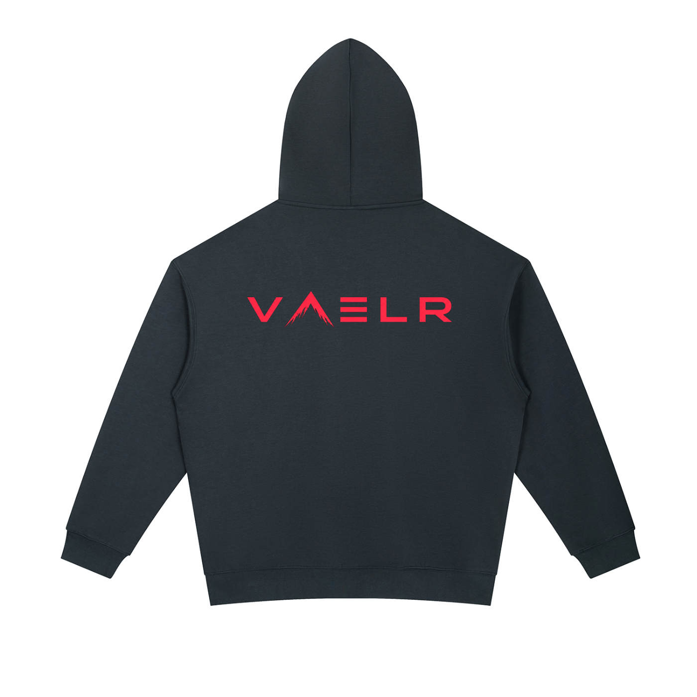 Navy heavyweight hoodie with back VAELR logo, kangaroo pocket, drawstring hood
