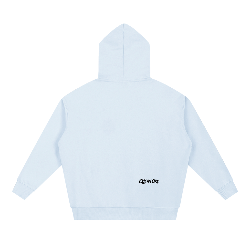 Light blue heavyweight hoodie, back with small “OCEAN OFF” logo text