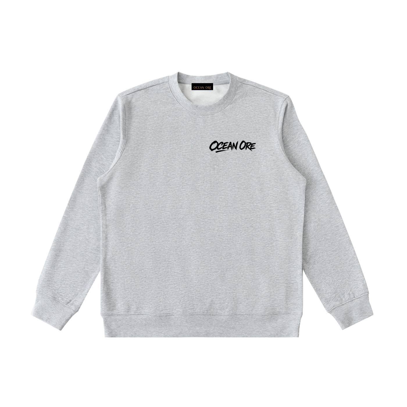 Light gray crewneck sweatshirt with front “OCEAN ORE” logo print