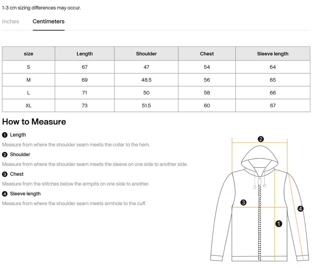 Size chart for fleece track jacket with length, shoulder, chest, and sleeve measurements.