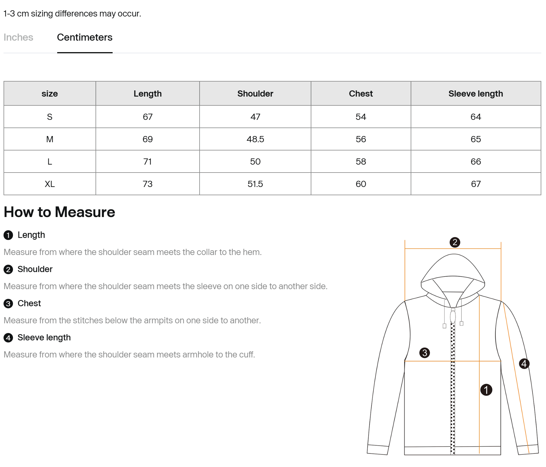 Size chart for fleece track jacket with length, shoulder, chest, and sleeve measurements.