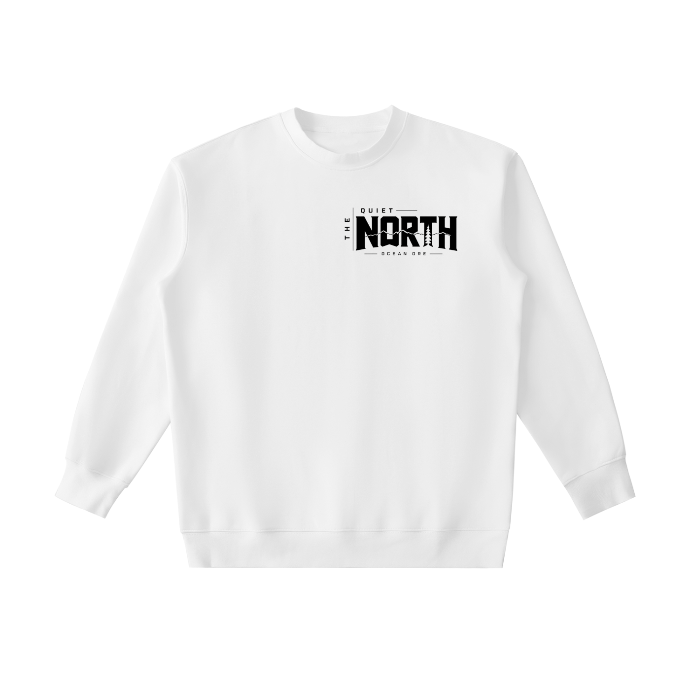 White heavyweight crewneck sweatshirt with small front printed logo