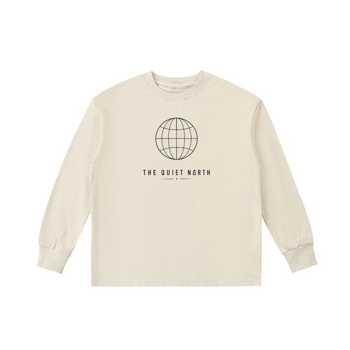 Kids long-sleeve quick-dry tee, light cream; front globe graphic logo.