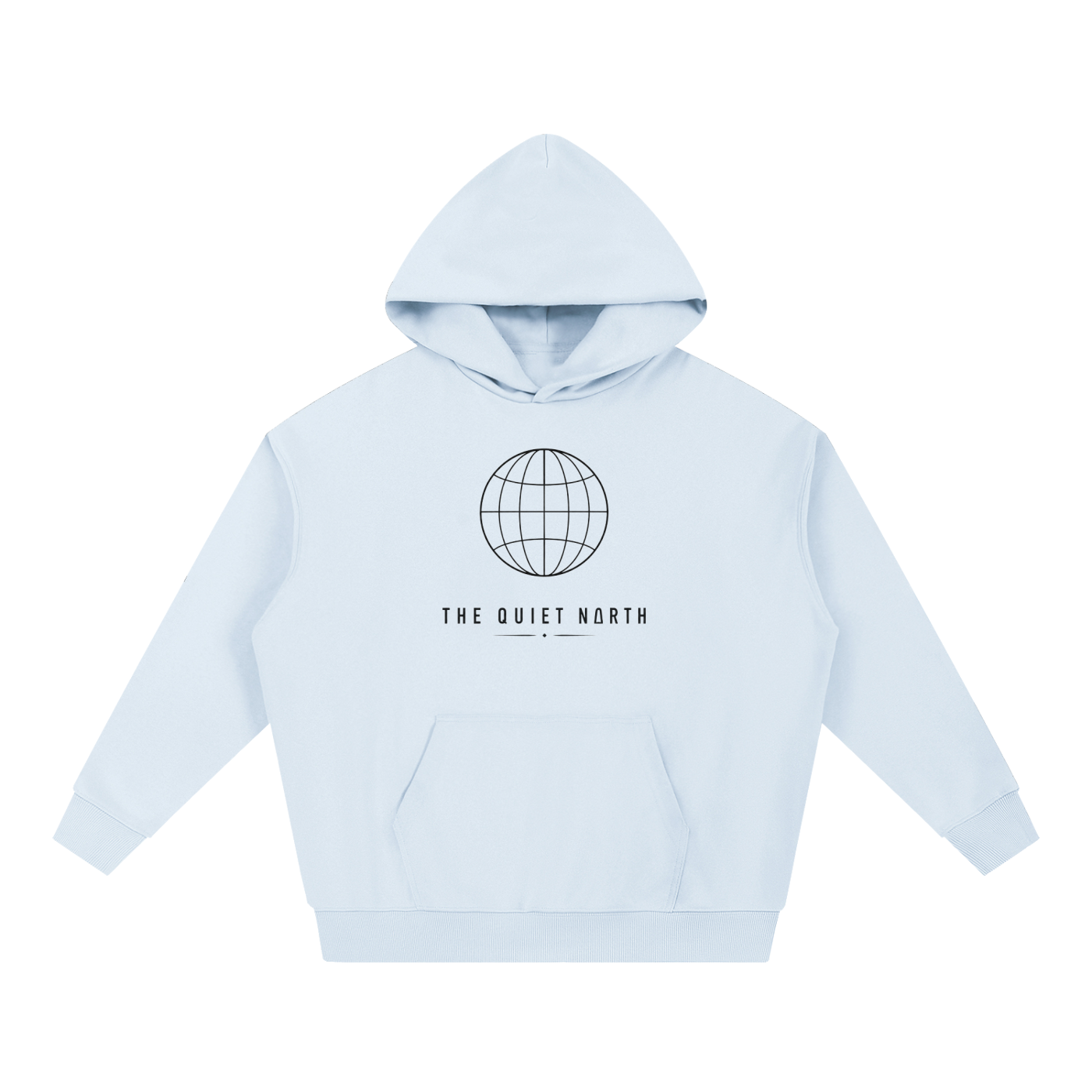 Light blue heavyweight hoodie, front globe emblem and “THE QUIET NORTH” text