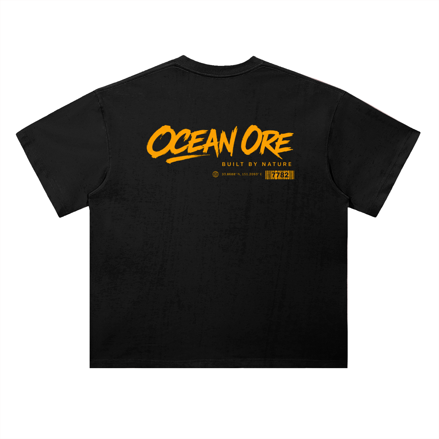 Black drop-shoulder cotton T-shirt, back has orange 'OCEAN ORK' graphic